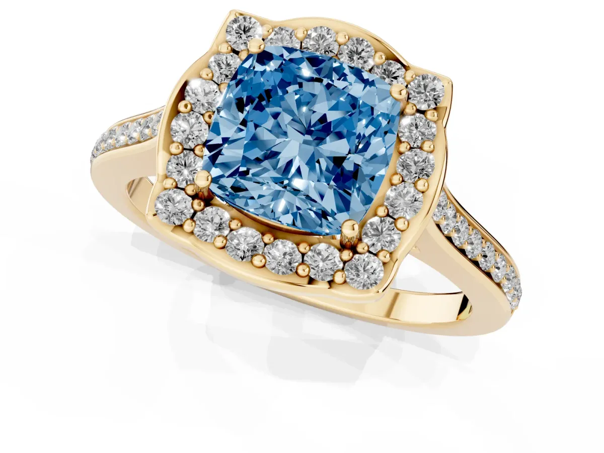 Fancy Blue Cushion Cut Halo Round Diamond Pave Band with Four-Prong Setting Yellow gold