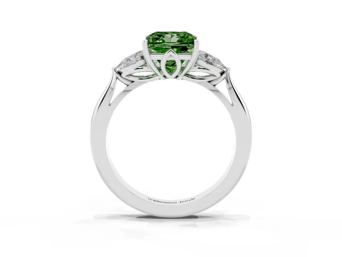 Fancy Green Princess Cut Diamond Three-Stone Ring with Pear Side Stones and Prong Setting Silver