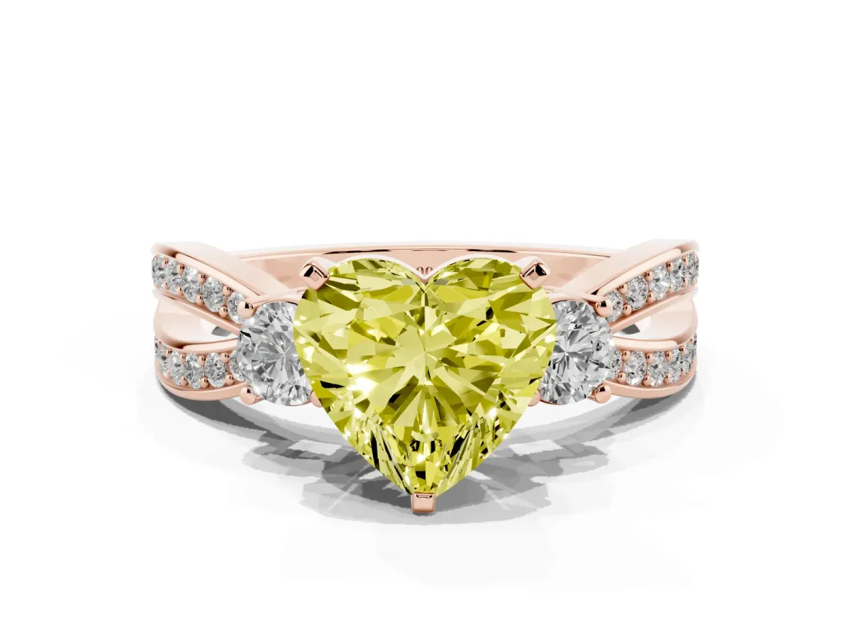 Fancy Yellow Three-Stone Heart Cut Cut Diamond Twist Band with Prong Setting Rose gold