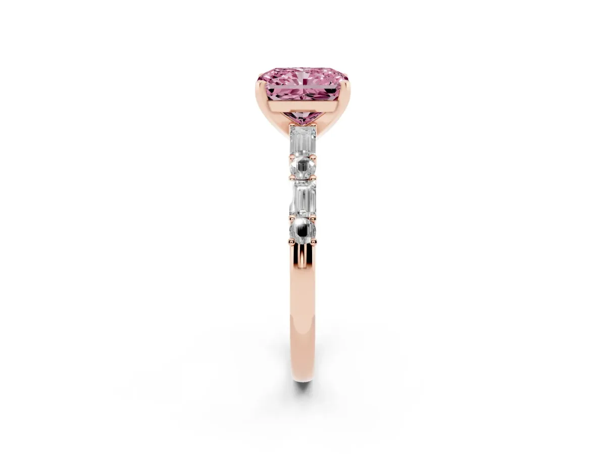 Fancy Pink Radiant Cut Diamond Solitaire with Side Baguettes and Channel Set Band Rose gold