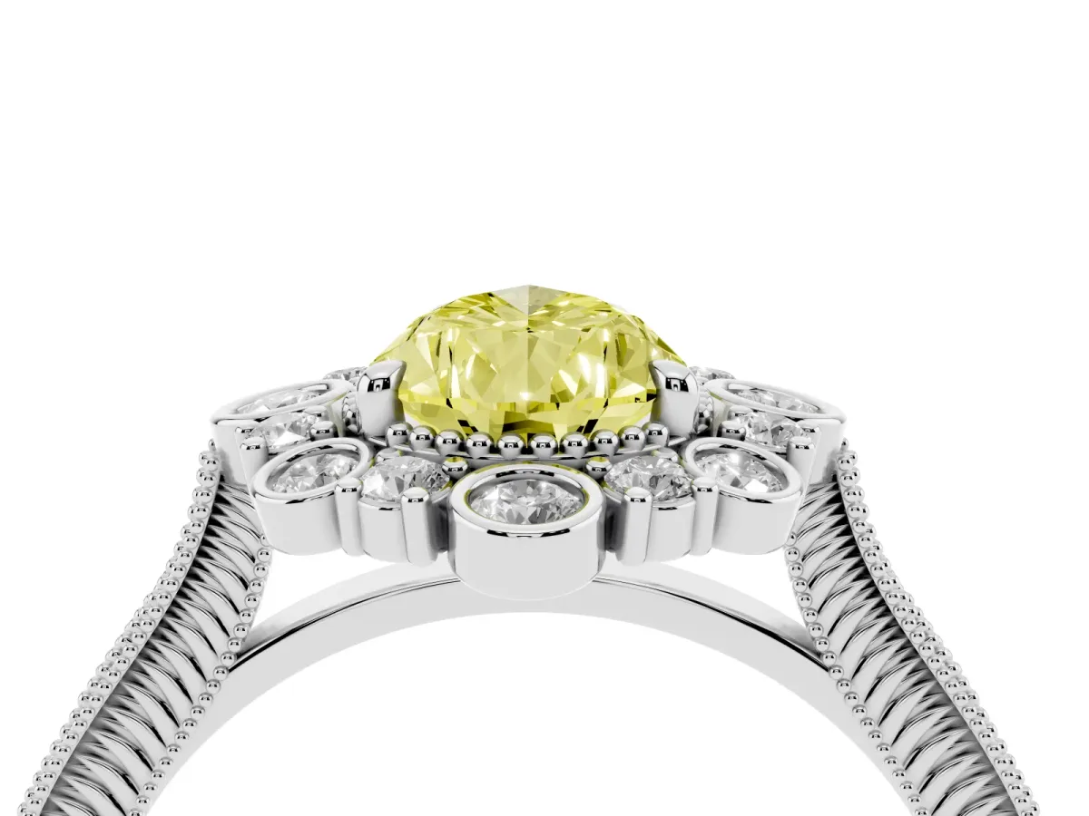 Fancy Yellow Pear Cut Halo Milgrain Pave Diamond Ring with Four-Prong Setting Silver