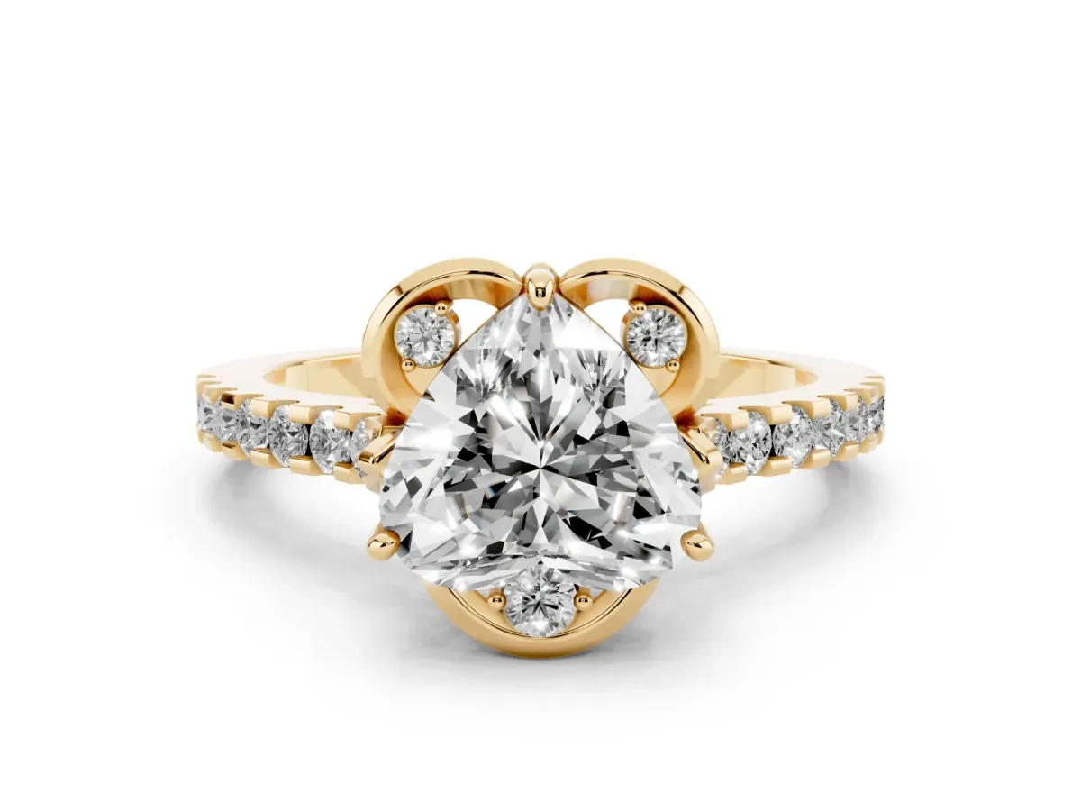 Heart Cut Diamond Ring with Pavé Band and Floral Prong Setting Yellow gold