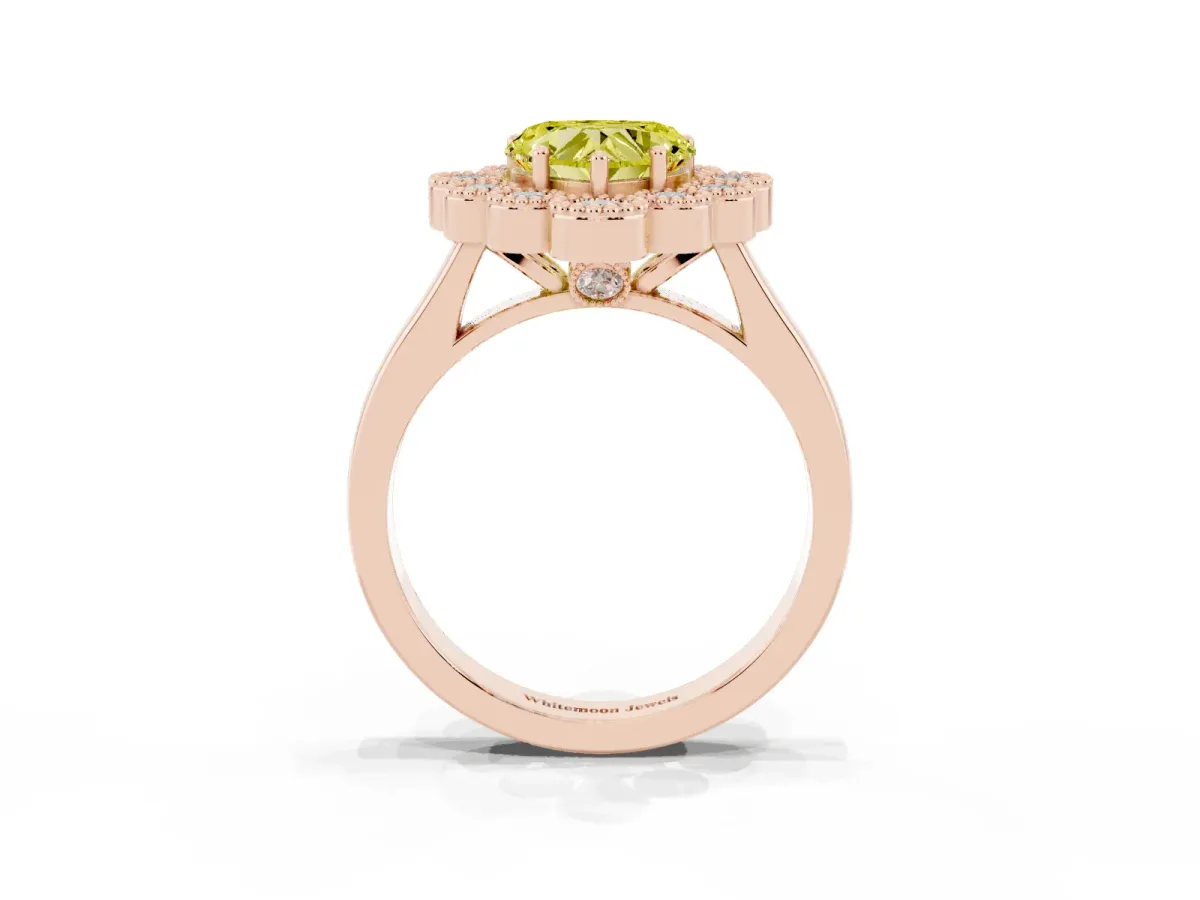 Fancy Yellow Heart Cut Halo Diamond Cluster Engagement Ring with Milgrain Bezel Setting and Solitaire Band Rose gold