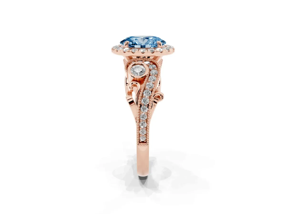 Fancy Blue Oval Cut Halo Diamond Ring with Milgrain and Bezel Accents on a Split Shank Band Rose gold