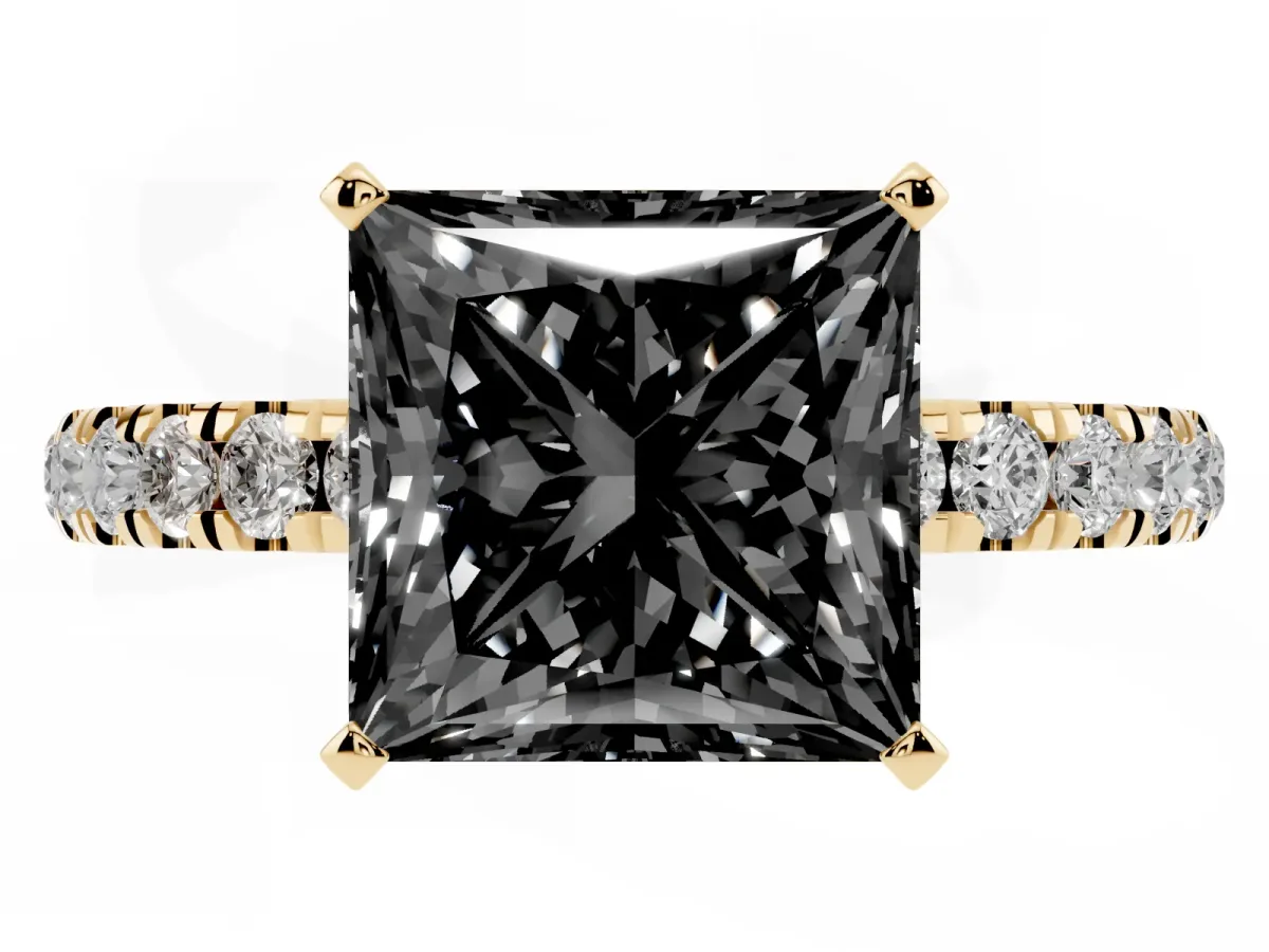 Fancy Black Princess Cut Diamond Solitaire Ring with Pavé Accents and Four-Prong Setting Yellow gold