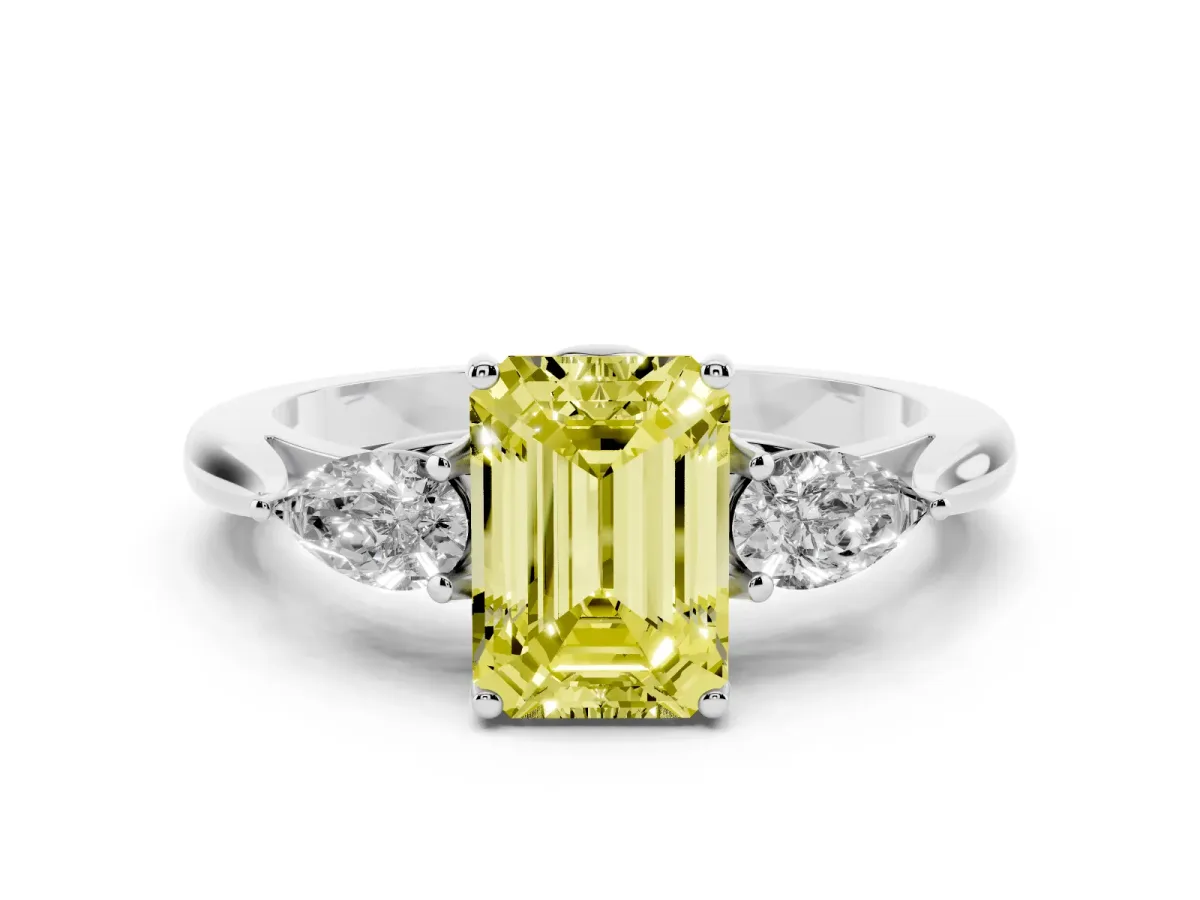 Fancy Yellow Emerald Cut Diamond Three-Stone Ring with Pear Side Stones and Prong Setting Silver