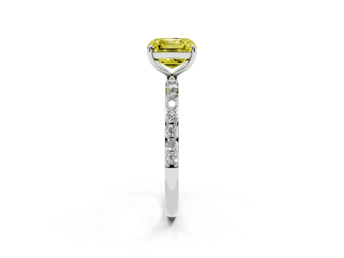 Fancy Yellow Asscher Cut Diamond Solitaire Ring with Round Pavé Shoulders and Prong Setting Silver