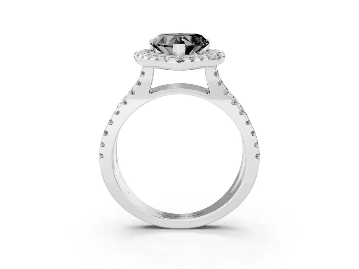 Fancy Black Heart Cut Diamond Halo Ring with Split Shank Pavé Band and Prong Setting White gold
