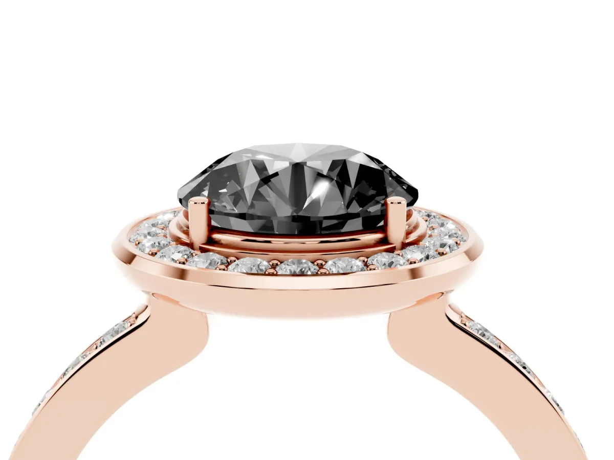 Fancy Black Round Cut Diamond Halo Ring with Bezel Frame and Pavé Band Rose gold