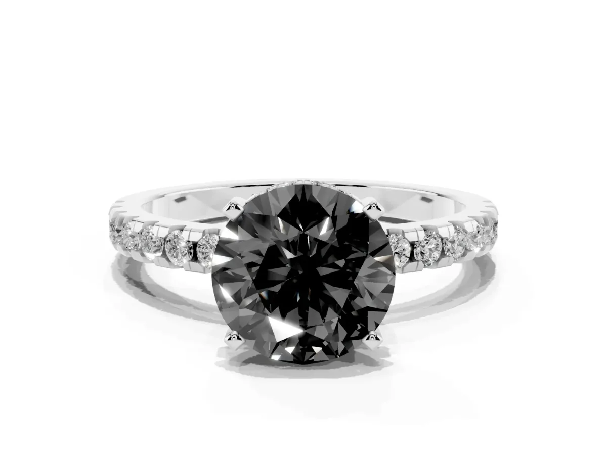 Fancy Black Round Cut Diamond Solitaire Ring with Round Pavé Band and Four-Prong Setting Silver