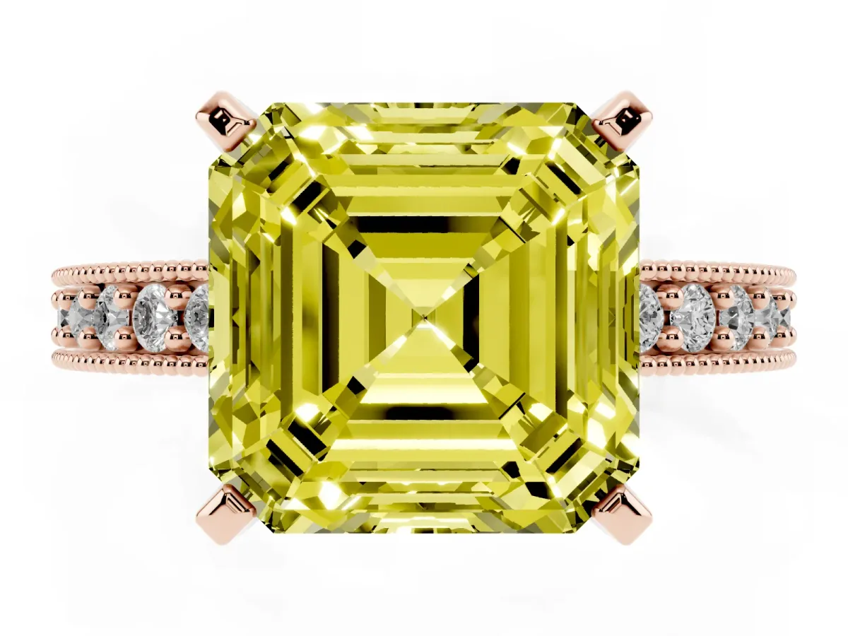 Fancy Yellow Asscher Cut Diamond Milgrain Pavé Engagement Ring with Four-Prong Setting Rose gold