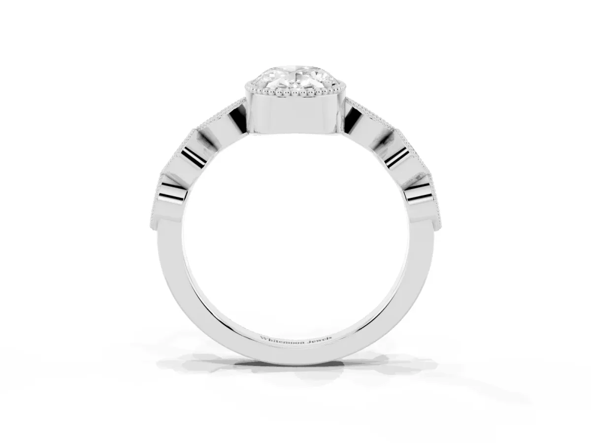 Oval Cut Diamond Vintage Milgrain Ring with Round Stations Silver