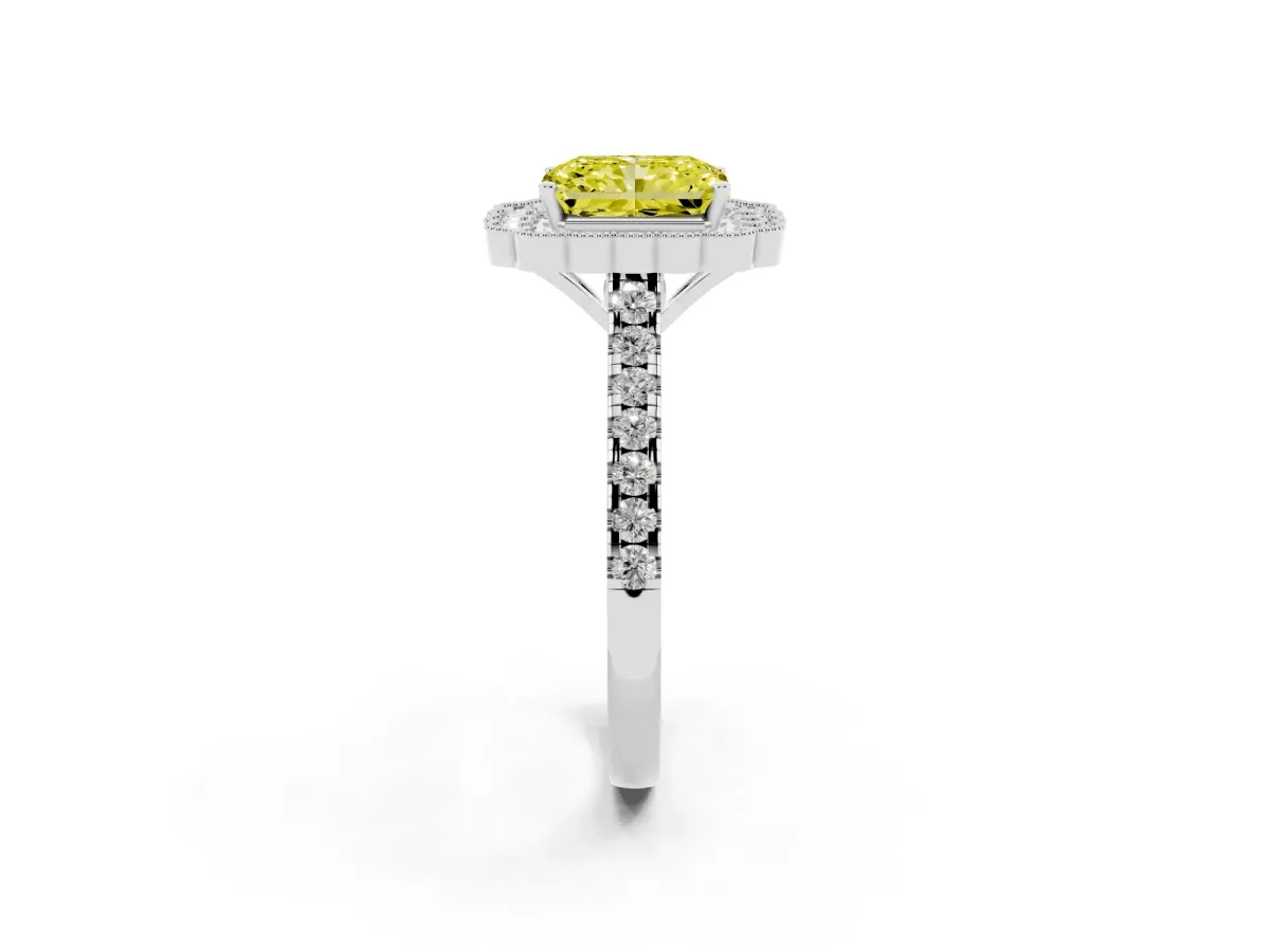 Fancy Yellow Radiant Cut Cut Diamond Milgrain Floral Halo Engagement Ring with Pavé Band White gold