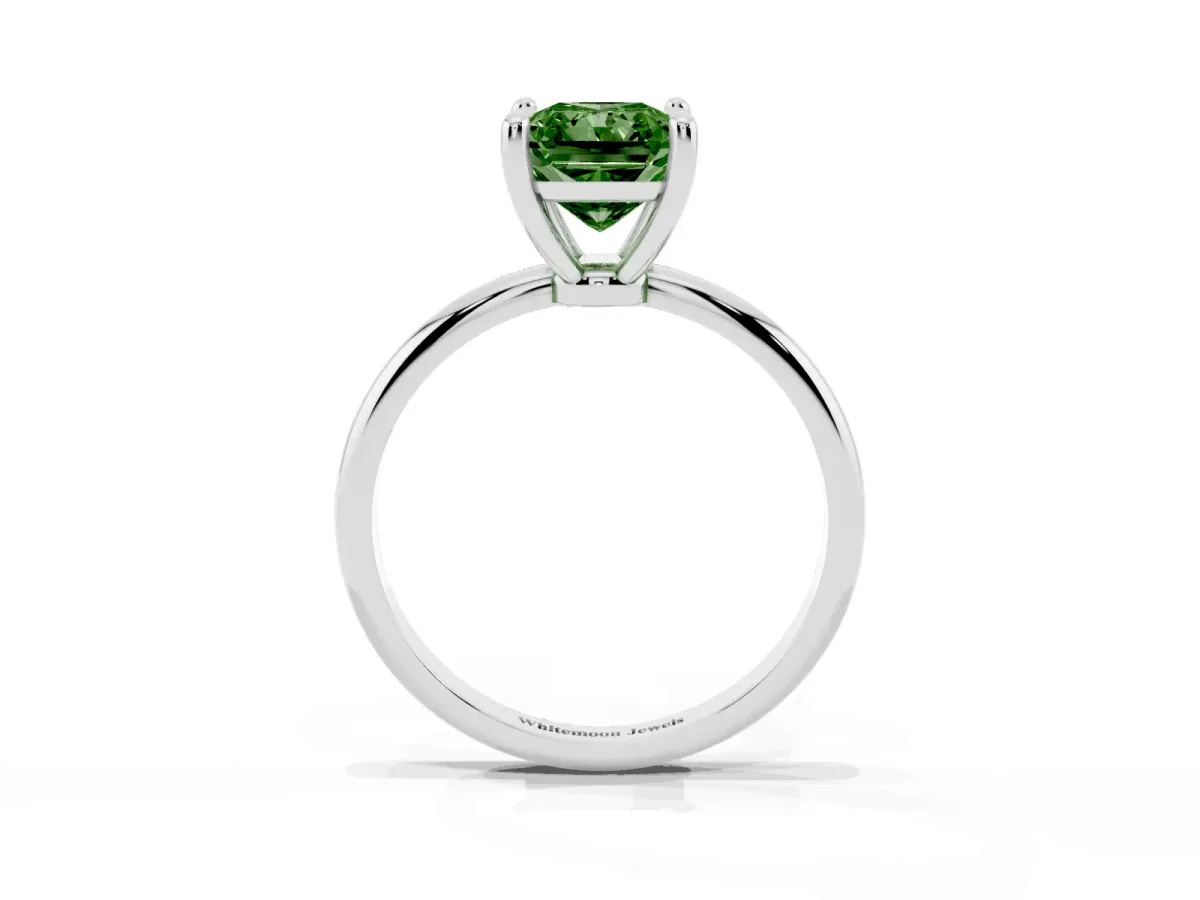 Fancy Green Radiant Cut Solitaire Diamond Ring with 4-Prong Setting on a Classic Band Silver