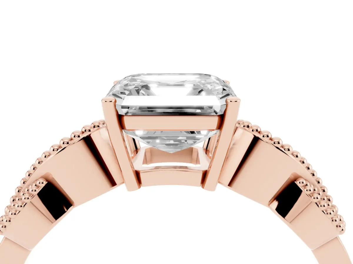 Asscher Cut Solitaire Milgrain Leaf Band with Prong Setting Rose gold