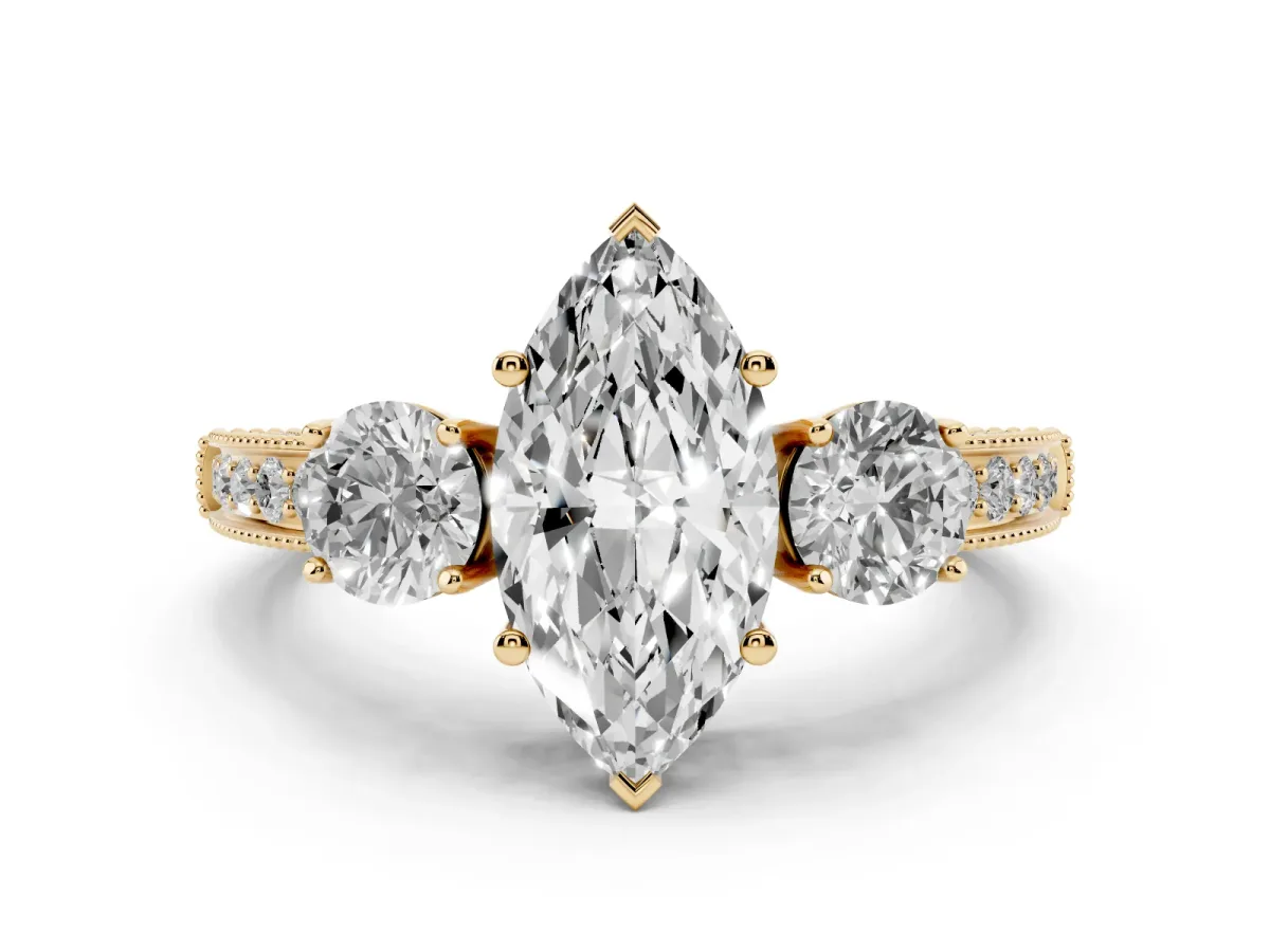 Marquise Cut Three-Stone Diamond Ring with Pavé Band and Four-Prong Setting Yellow gold