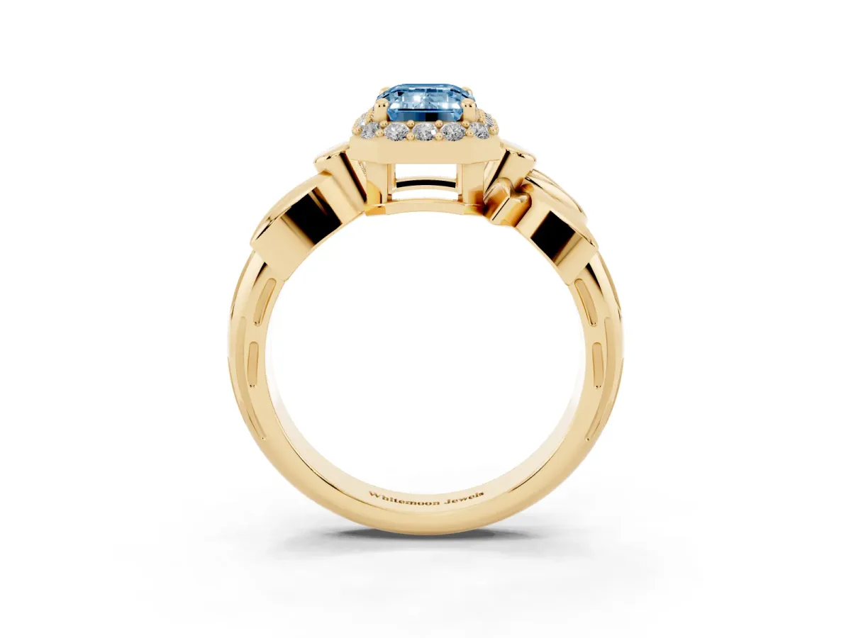 Fancy Blue Emerald Cut Halo Diamond Floral Band with Four-Prong Setting Yellow gold