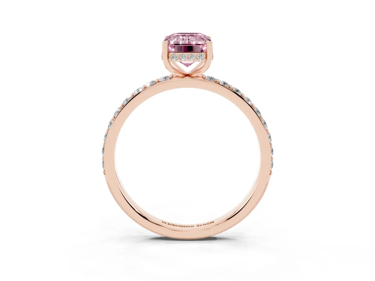 Fancy Pink Emerald Cut Diamond Solitaire Ring with Pavé Band and Hidden Halo Rose gold