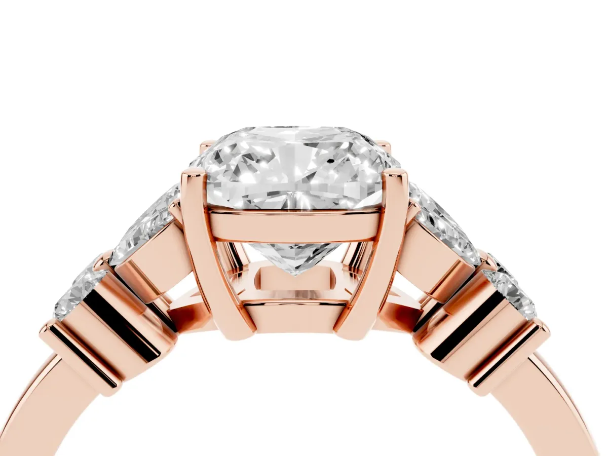 Cushion Cut Diamond Floral Cluster Ring with Solitaire Band and Prong Setting Rose gold