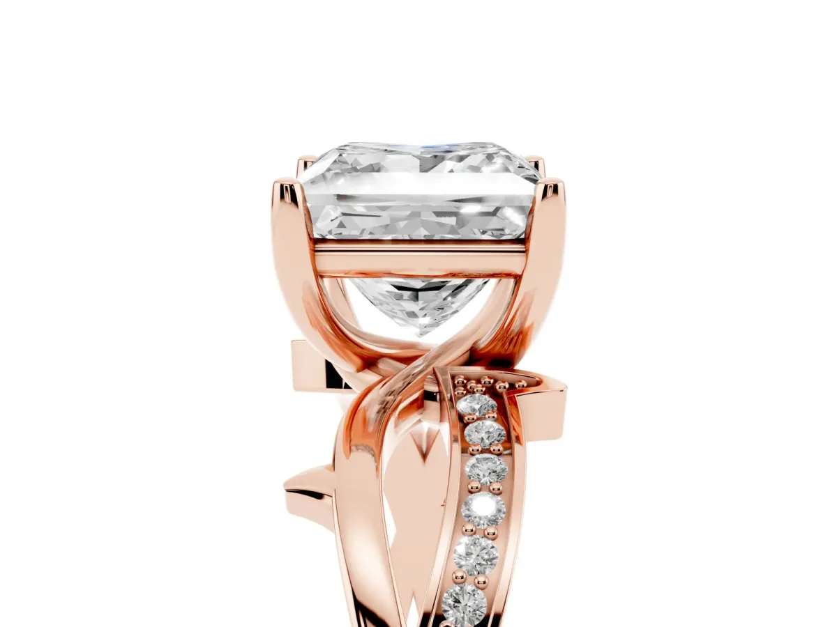 Princess Cut Solitaire Twist Band with Pavé Accents and Four-Prong Setting Rose gold