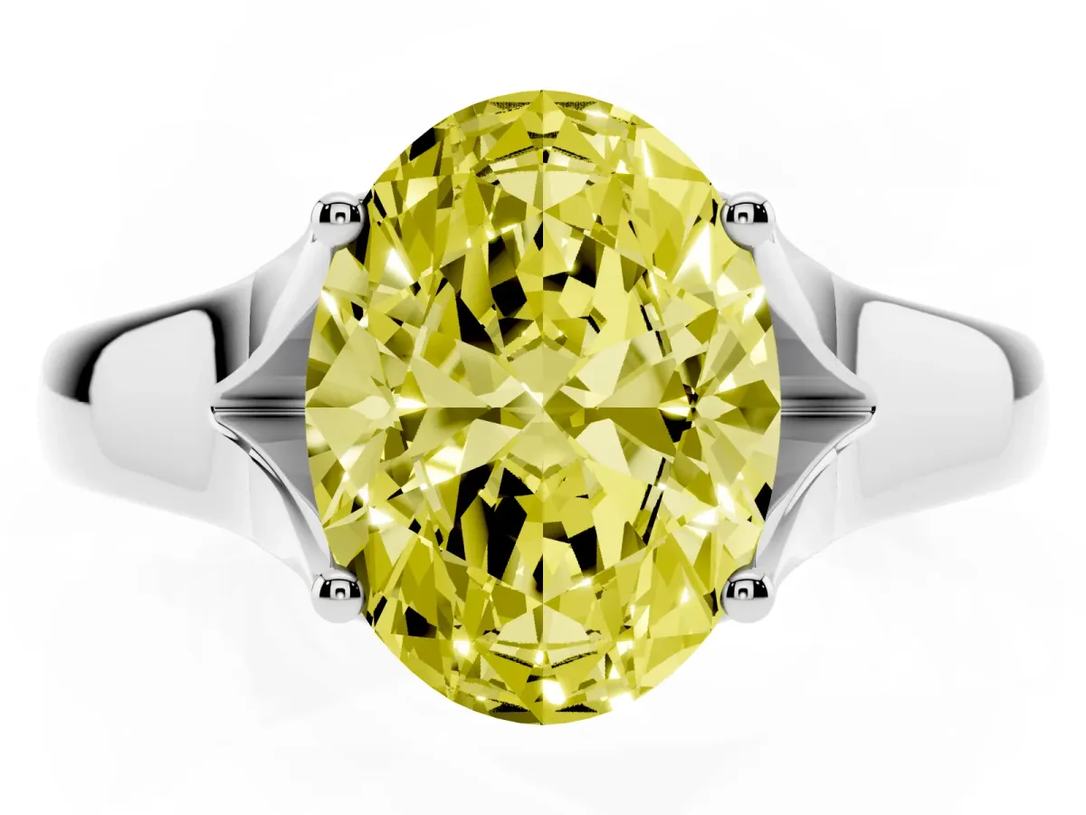 Fancy Yellow Oval Cut Solitaire Diamond Ring with Cathedral Band and Four-Prong Setting Silver