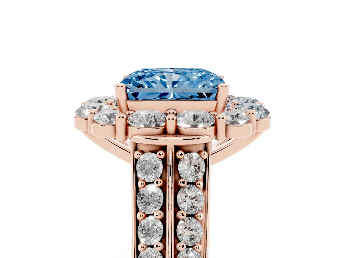 Fancy Blue Radiant Cut Halo Diamond Engagement Ring with Split Shank and Prong Setting Rose gold