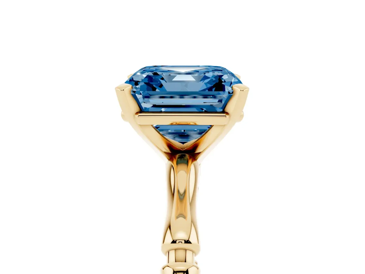 Fancy Blue Asscher Cut Solitaire Diamond Ring with Bamboo Band and Four-Prong Setting Yellow gold
