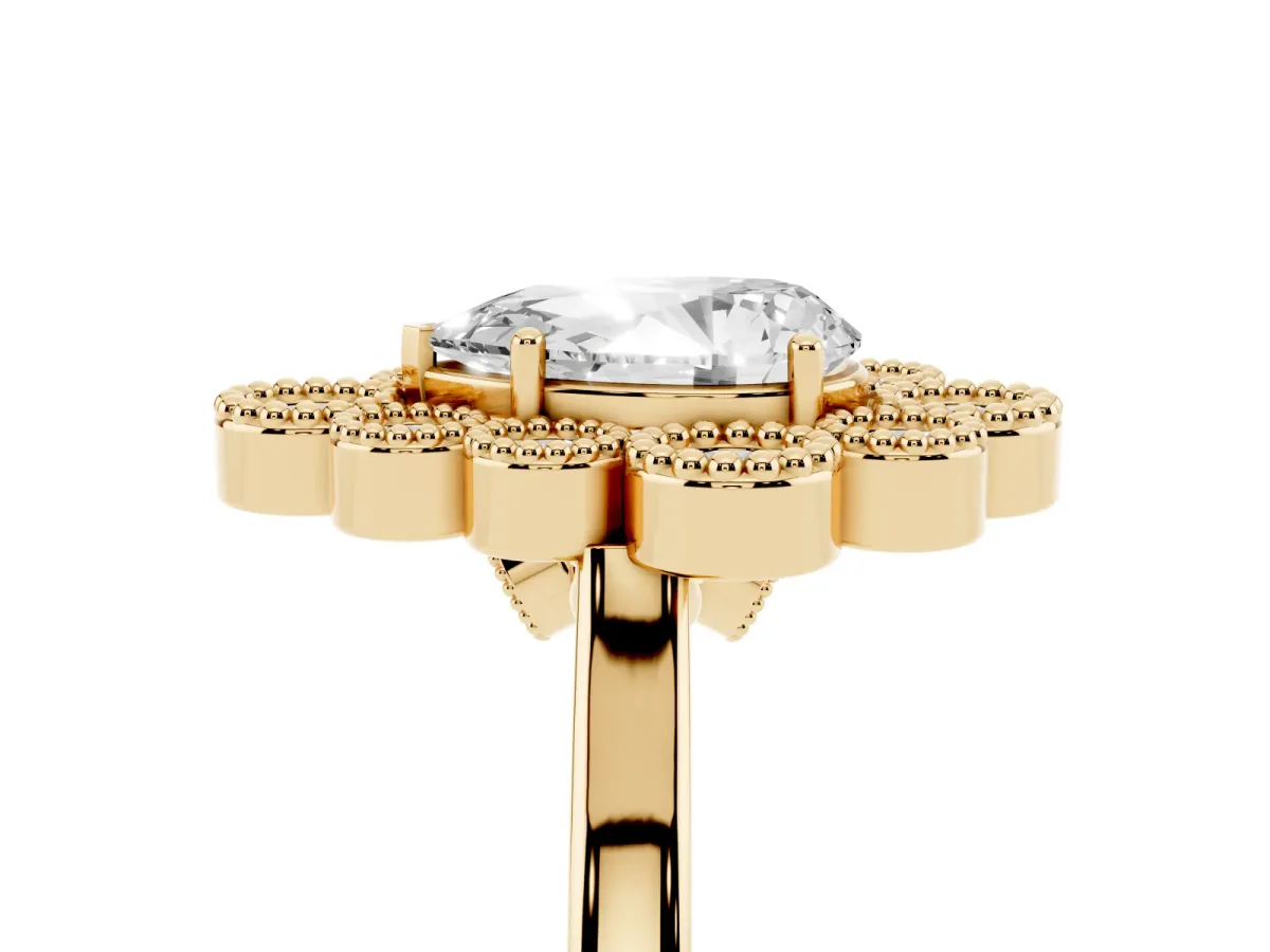 Pear Cut Halo Diamond Cluster Engagement Ring with Milgrain Bezel Setting and Solitaire Band Yellow gold