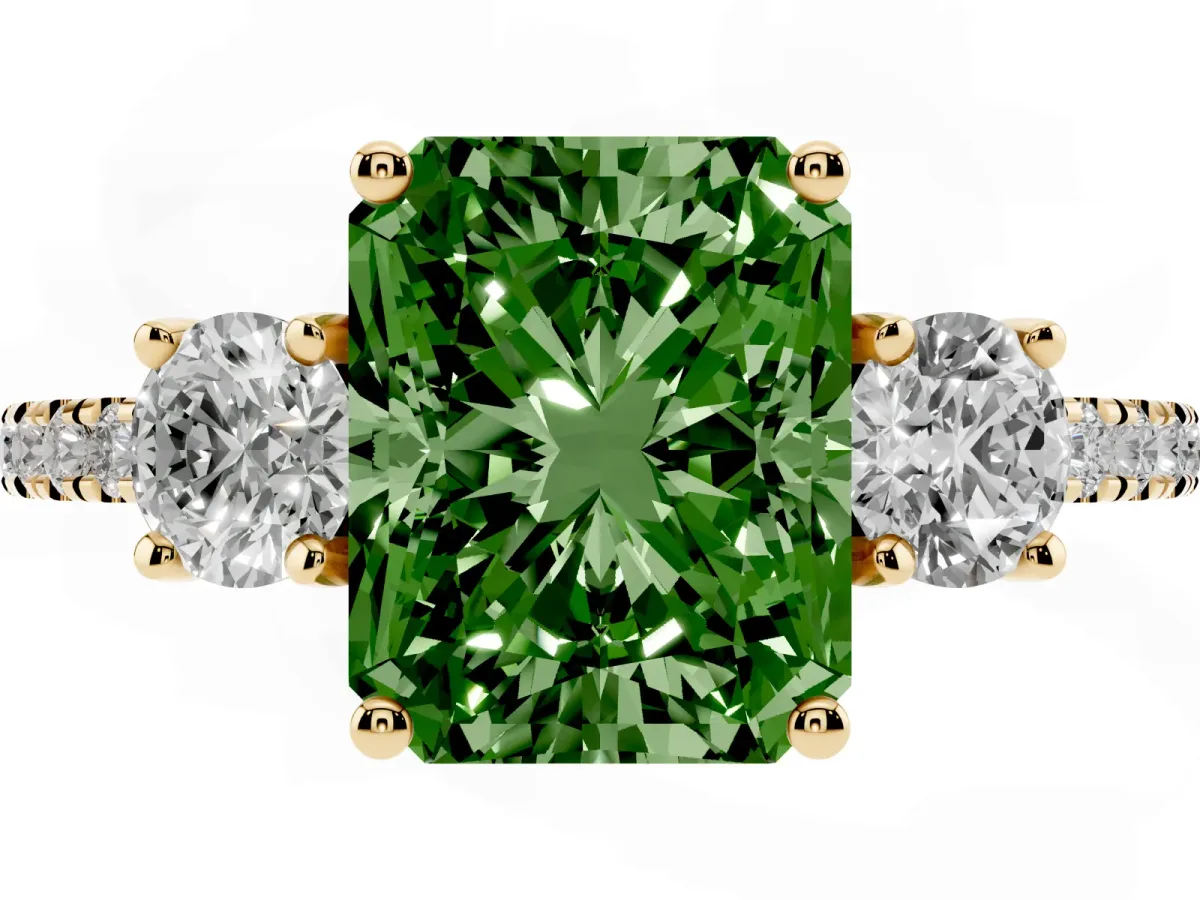 Fancy Green Three-Stone Radiant Cut Cut Diamond Pavé Band with Prong Setting Yellow gold