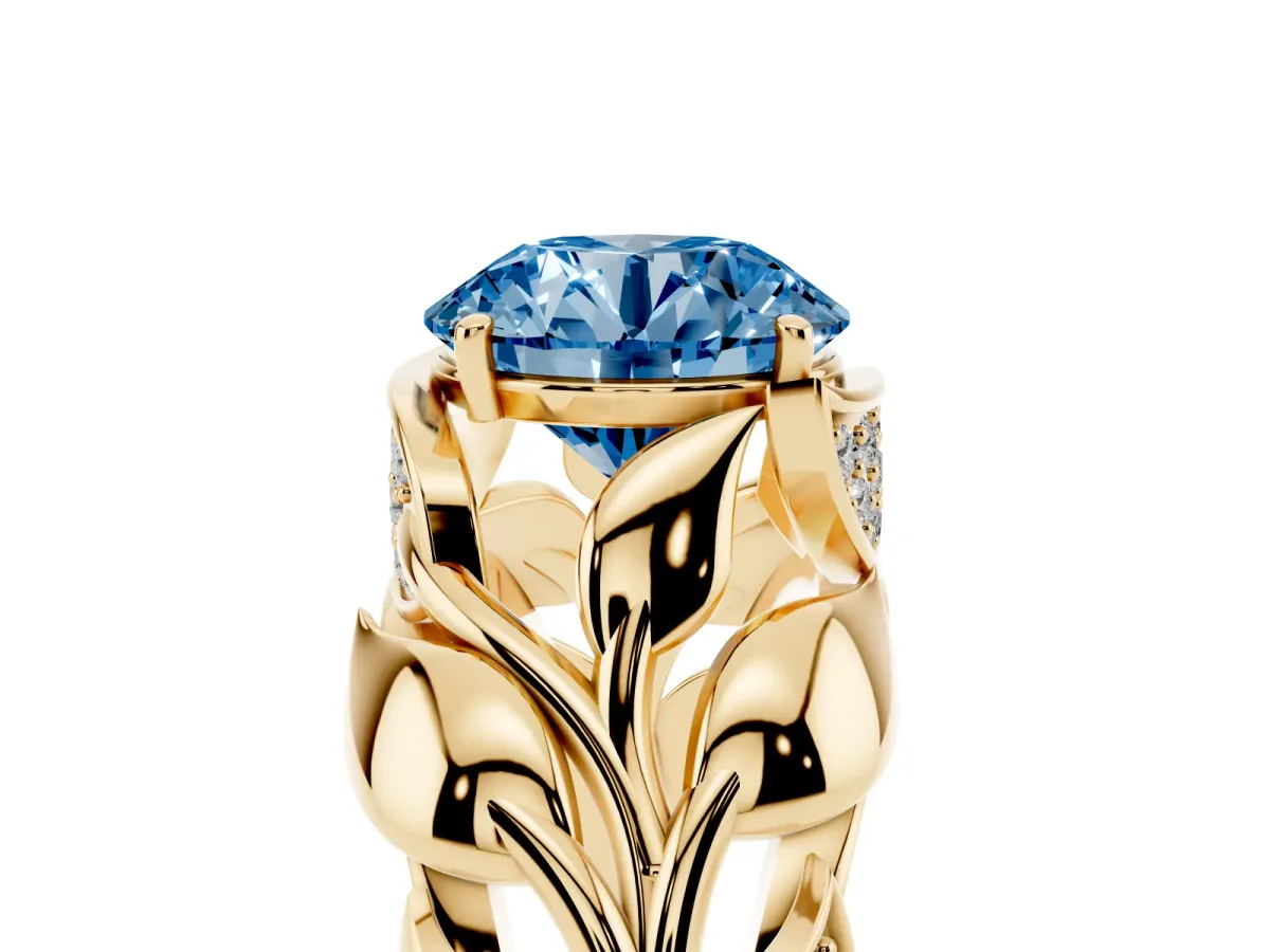 Fancy Blue Round Cut Diamond Leaf-Inspired Engagement Ring with Round Accents and Prong Setting Yellow gold