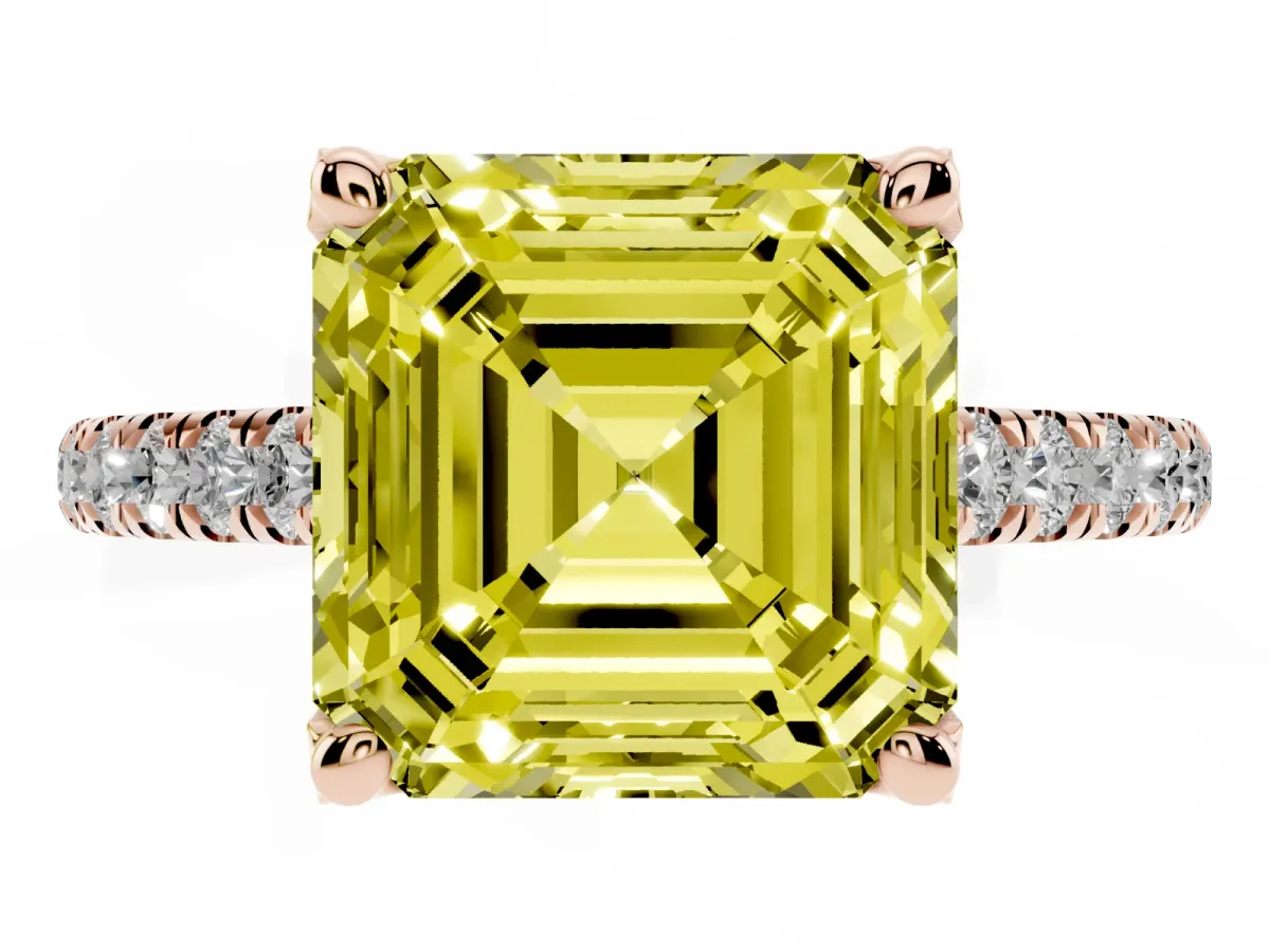 Fancy Yellow Asscher Cut Brilliant Diamond Solitaire with Pavé Band and Four-Prong Setting Rose gold
