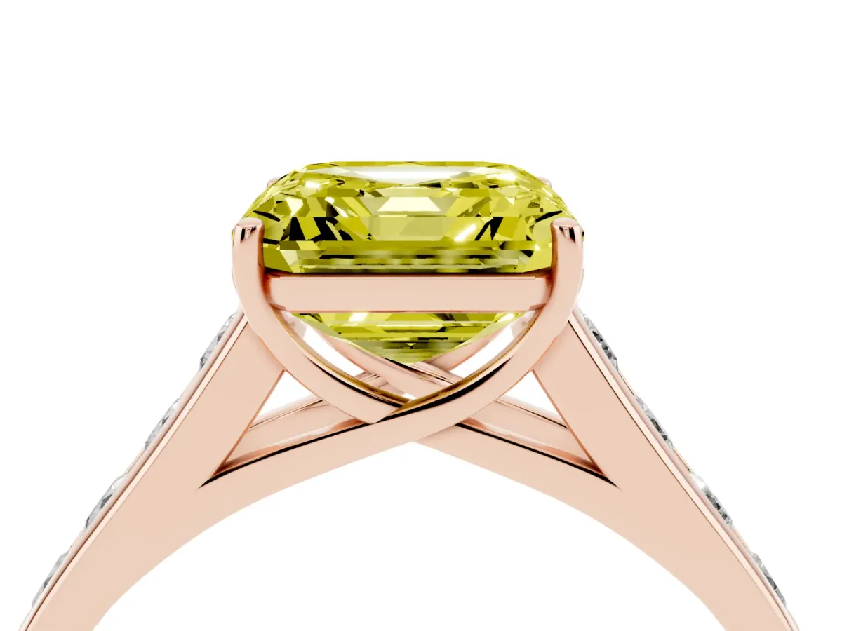 Fancy Yellow Asscher Cut Brilliant Channel-Set Solitaire Ring with Four-Prong Setting Rose gold