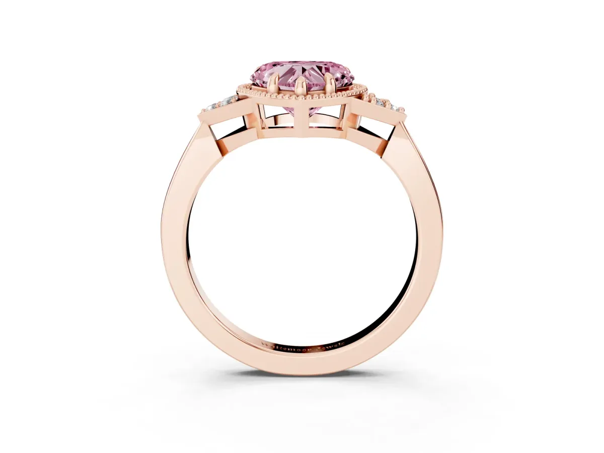 Fancy Pink Hexagonal Halo Heart Cut Diamond Solitaire with Pavé Band and Four-Prong Setting Rose gold