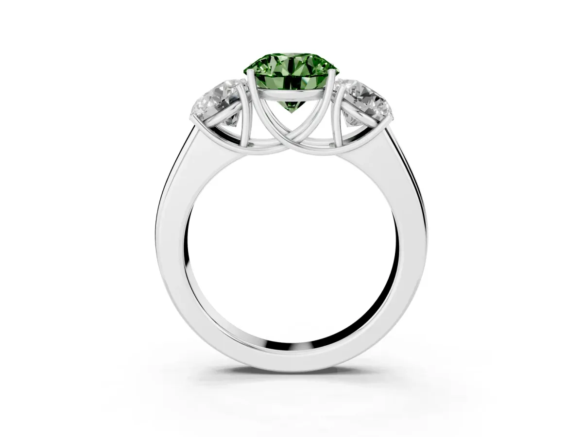 Fancy Green Three-Stone Round Cut Cut Diamond Ring with Prong Setting and Classic Band Silver