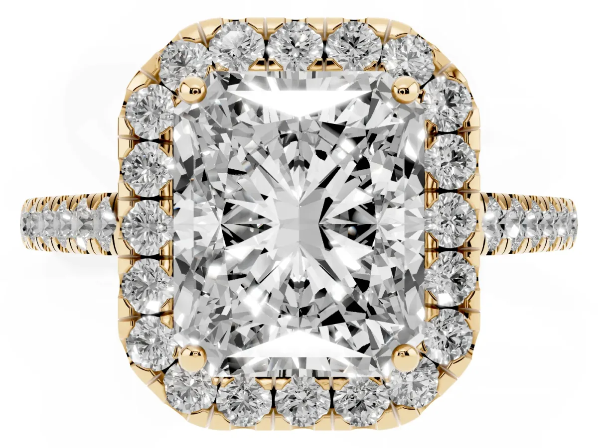 Radiant Cut Halo Pave Diamond Engagement Ring with Four-Prong Setting Yellow gold
