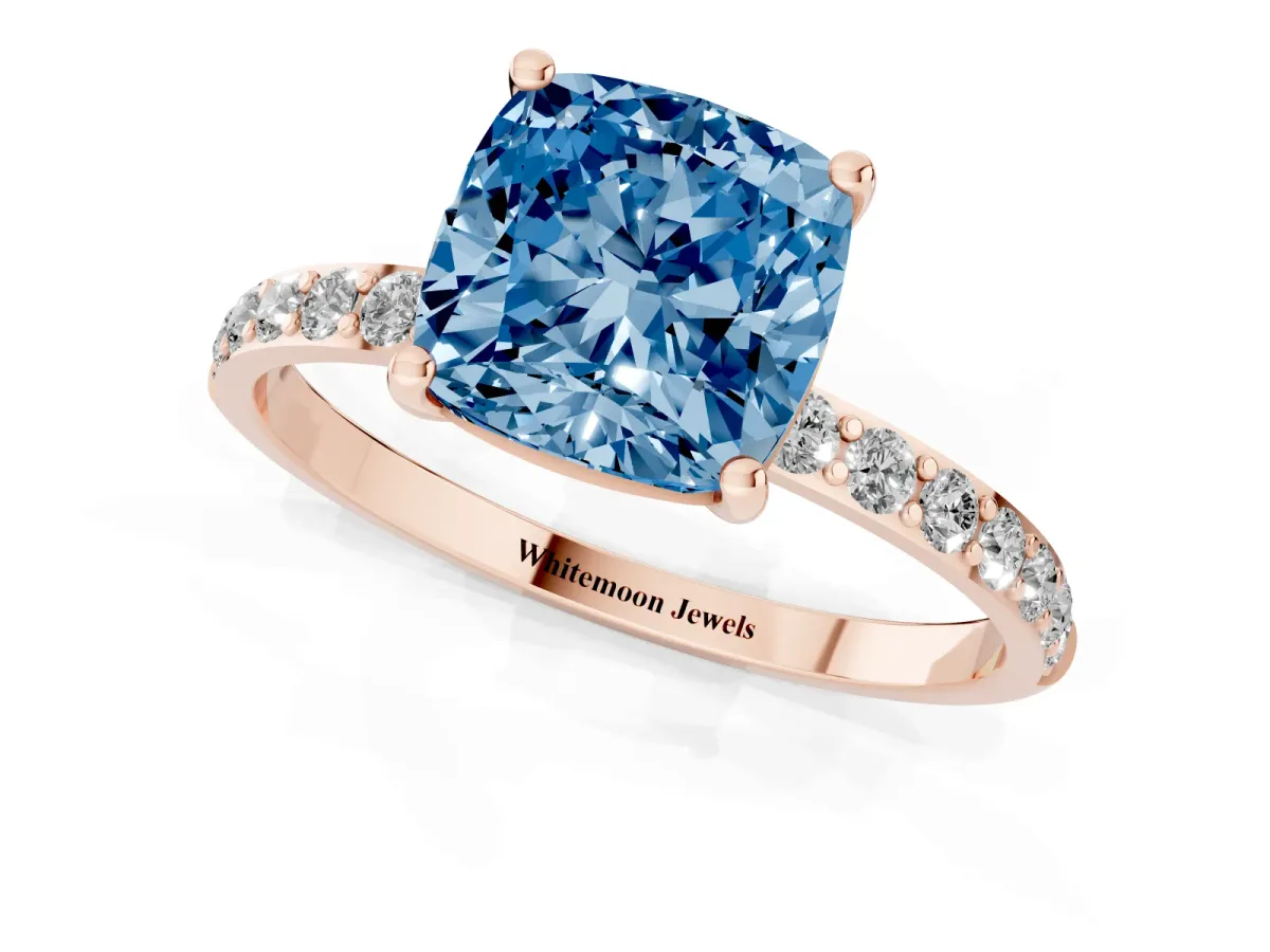 Fancy Blue Cushion Cut Diamond Solitaire Ring with Round Pavé Shoulders and Prong Setting Rose gold