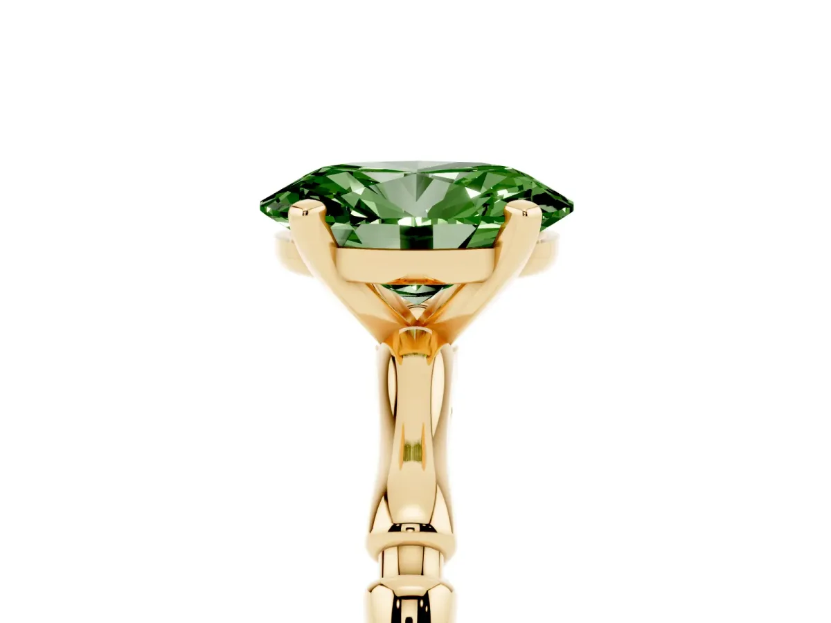 Fancy Green Oval Cut Solitaire Diamond Ring with Bamboo Band and Four-Prong Setting Yellow gold