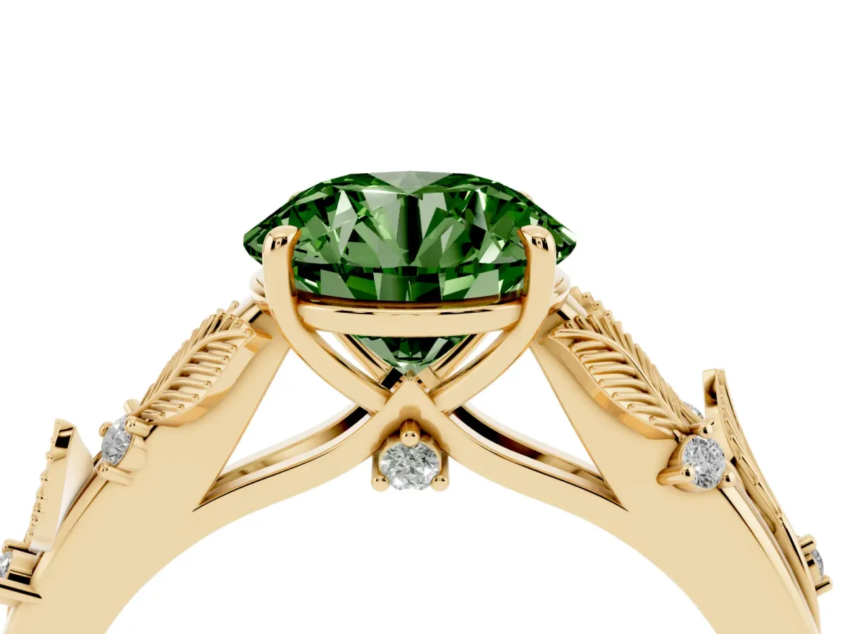 Fancy Green Round Cut Diamond Solitaire Ring with Leaf Motif Band and Four-Prong Setting Yellow gold