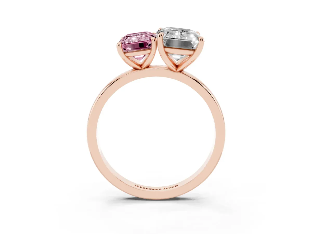 Fancy Pink Emerald Cut and Emerald Cut Toi Moi Ring with Prong Setting Rose gold