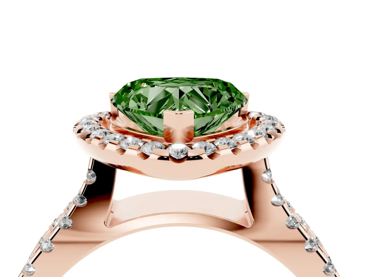 Fancy Green Heart Cut Diamond Halo Ring with Split Shank Pavé Band and Prong Setting Rose gold