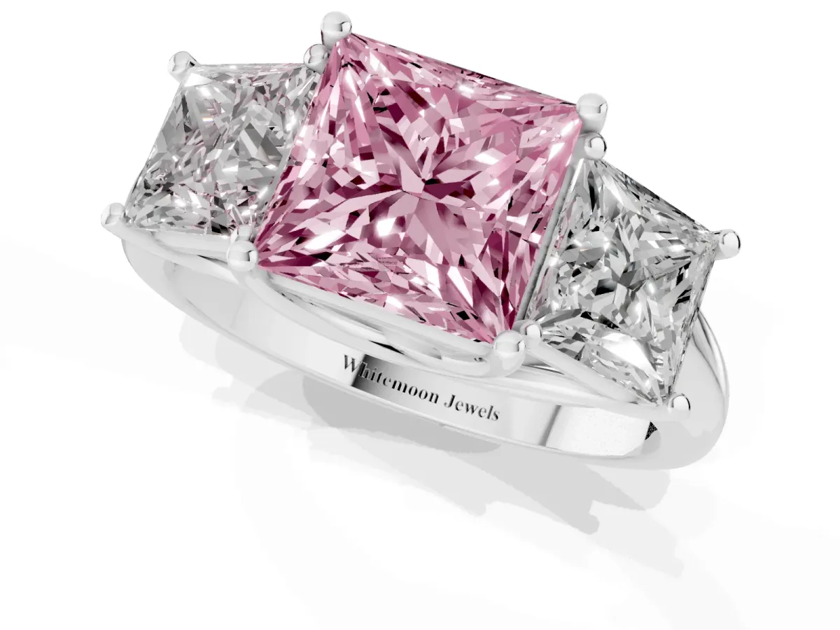 Fancy Pink Three-Stone Princess Cut Diamond Engagement Ring with Prong Setting White gold