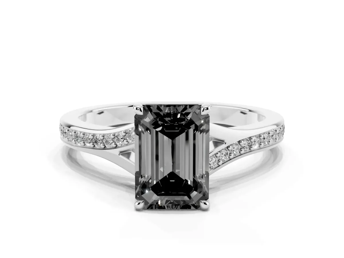 Fancy Black Emerald Cut Diamond Solitaire Ring with Pavé Band and Prong Setting Silver