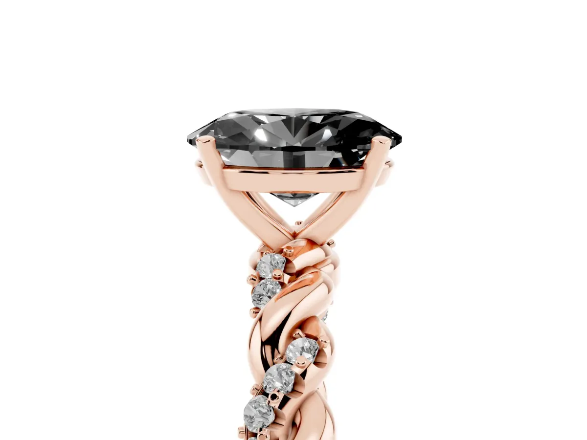 Fancy Black Oval Cut Diamond Solitaire Ring with Twisted Band and Pavé Accents Rose gold