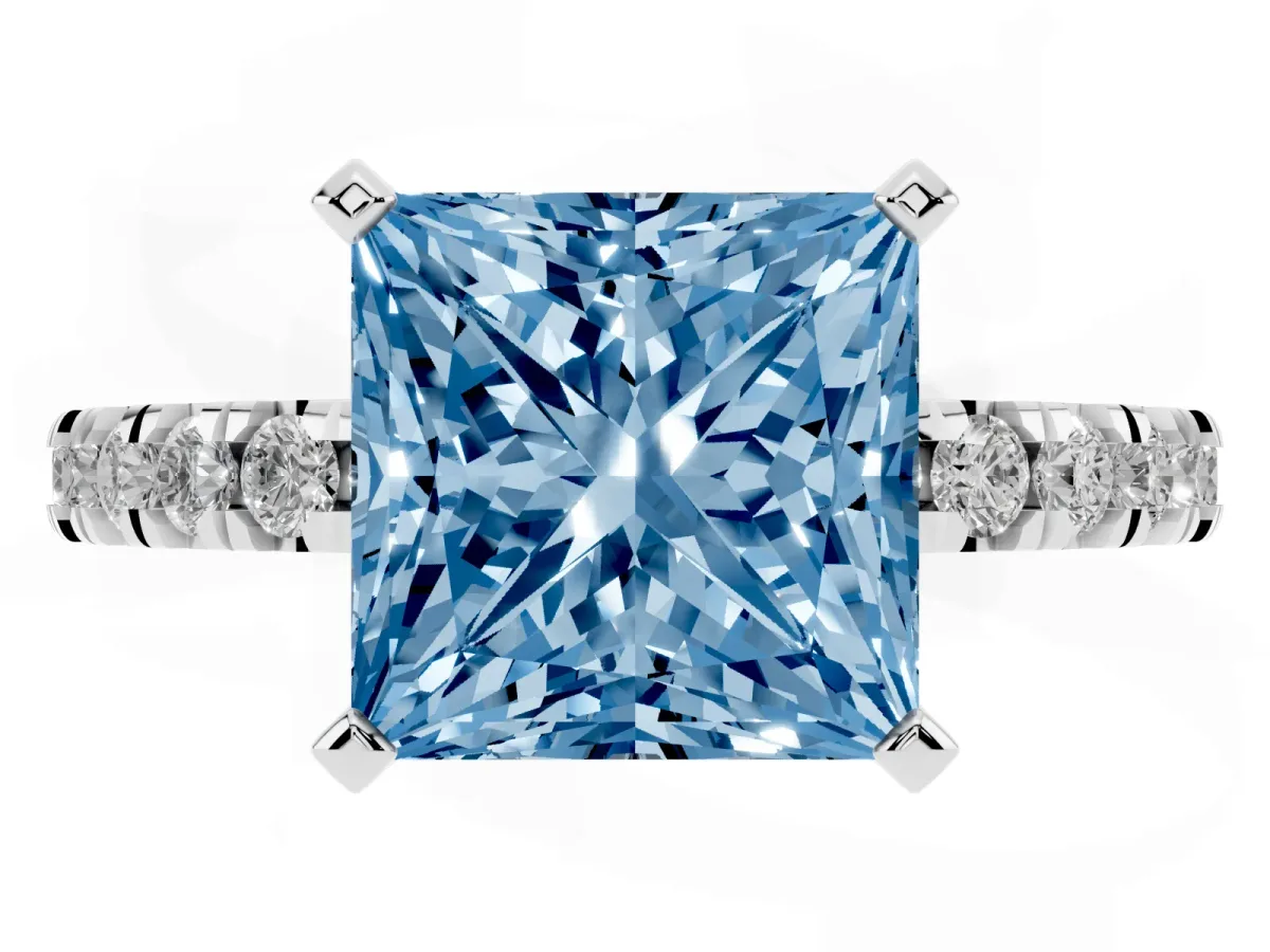 Fancy Blue Princess Cut Diamond Pavé Band Solitaire with Four-Prong Setting Platinum