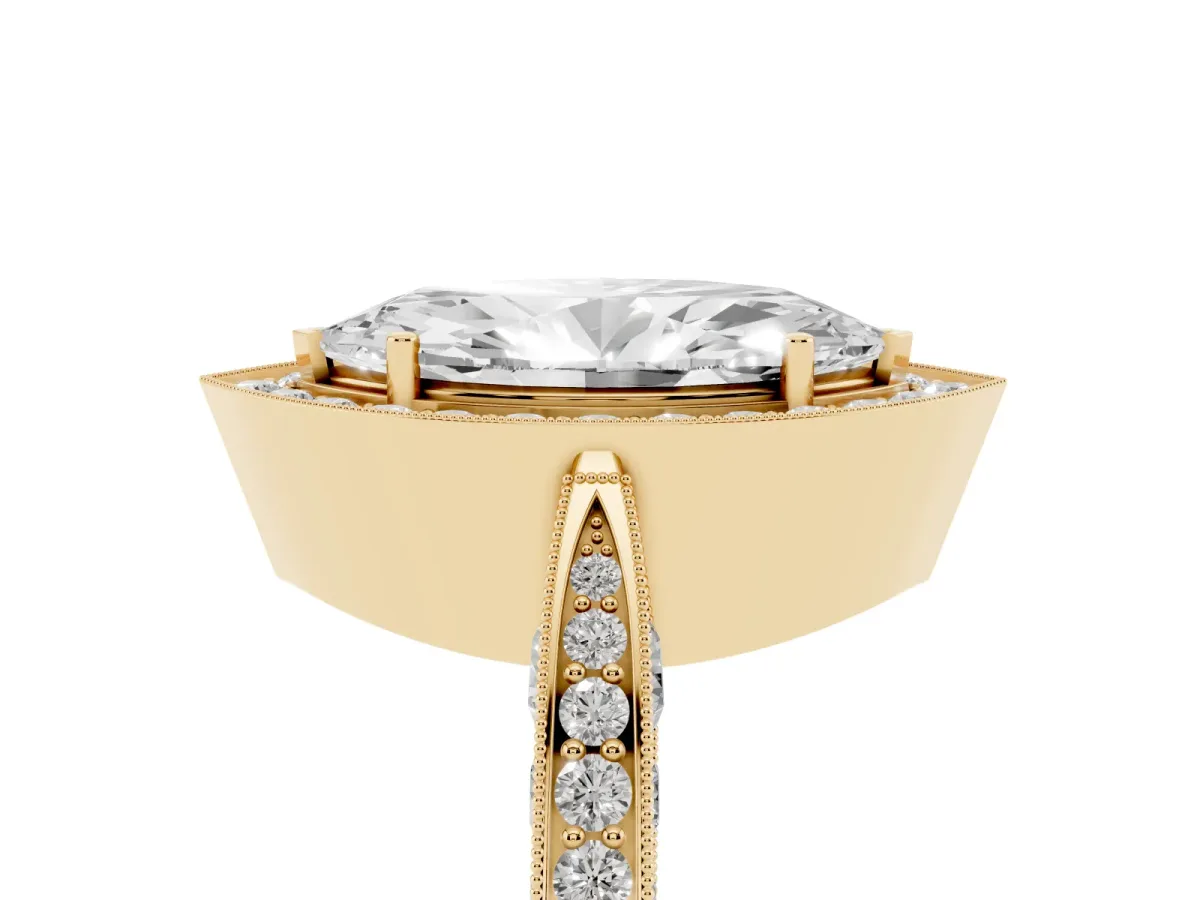 Marquise Cut Halo Diamond Engagement Ring with Split Shank Band and Four-Prong Setting Yellow gold