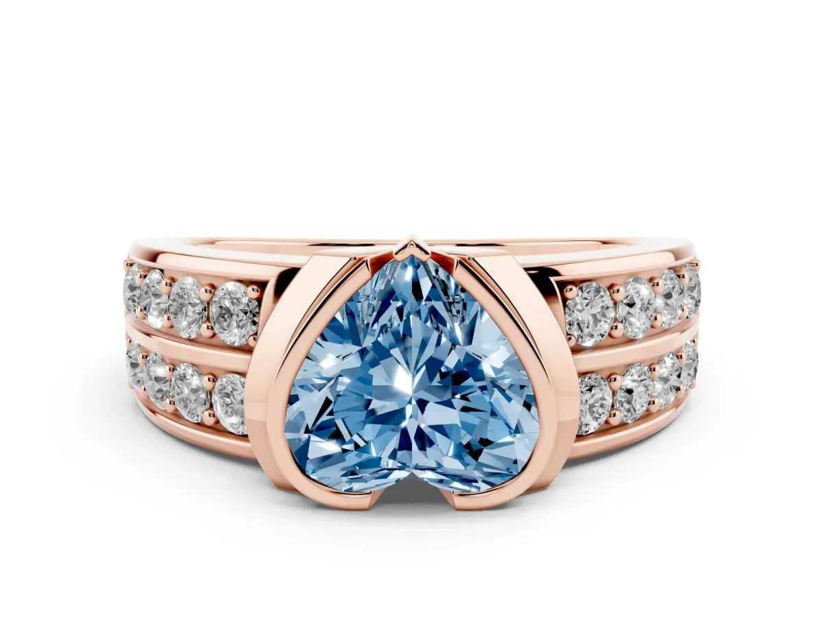 Fancy Blue Heart Cut Brilliant Diamond Channel Set Wide Band Ring with Bezel Setting Rose gold