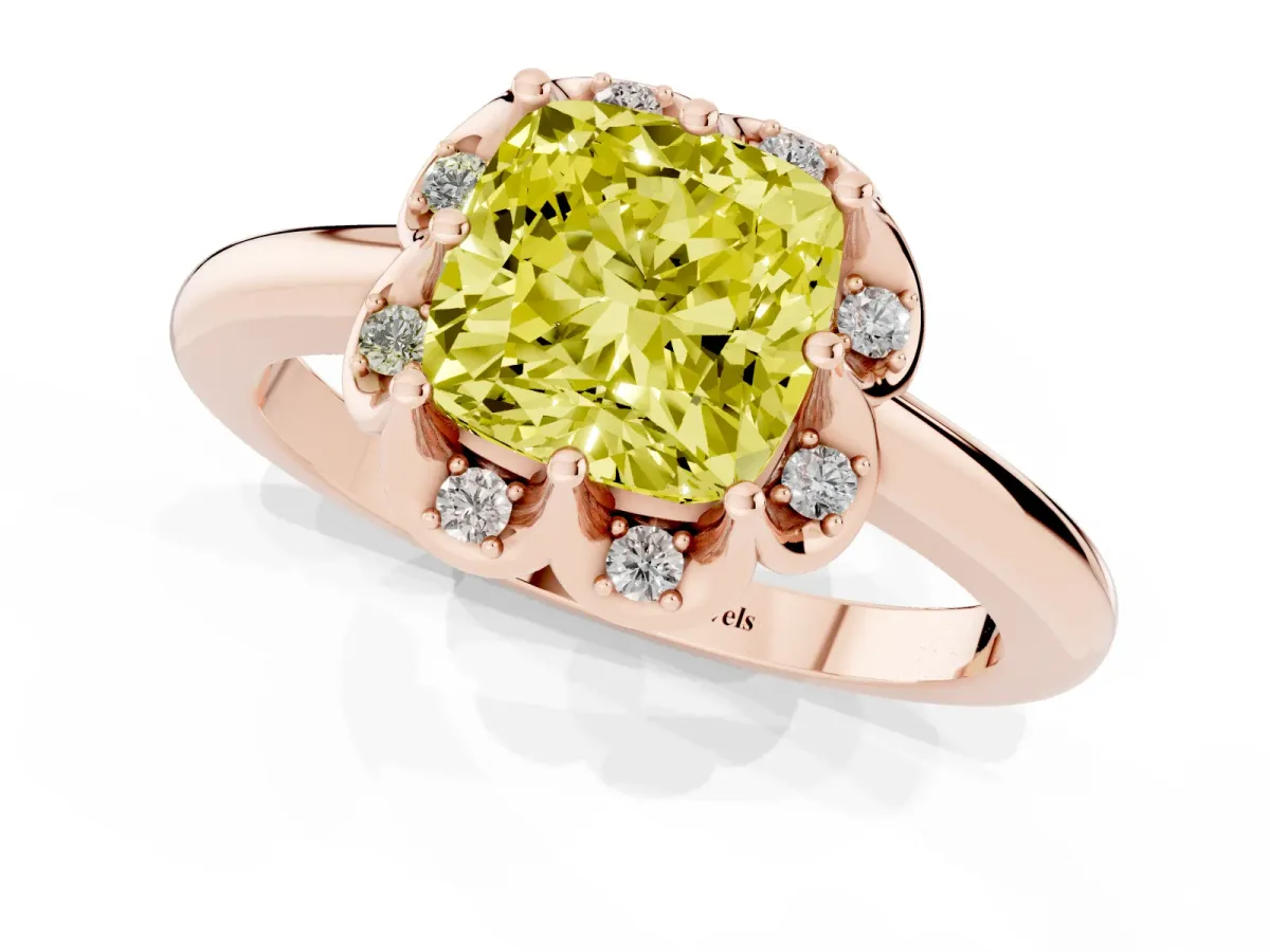 Fancy Yellow Cushion Cut Halo Diamond Ring with Round Cluster Setting, Solitaire Band, and Four-Prong Setting Rose gold