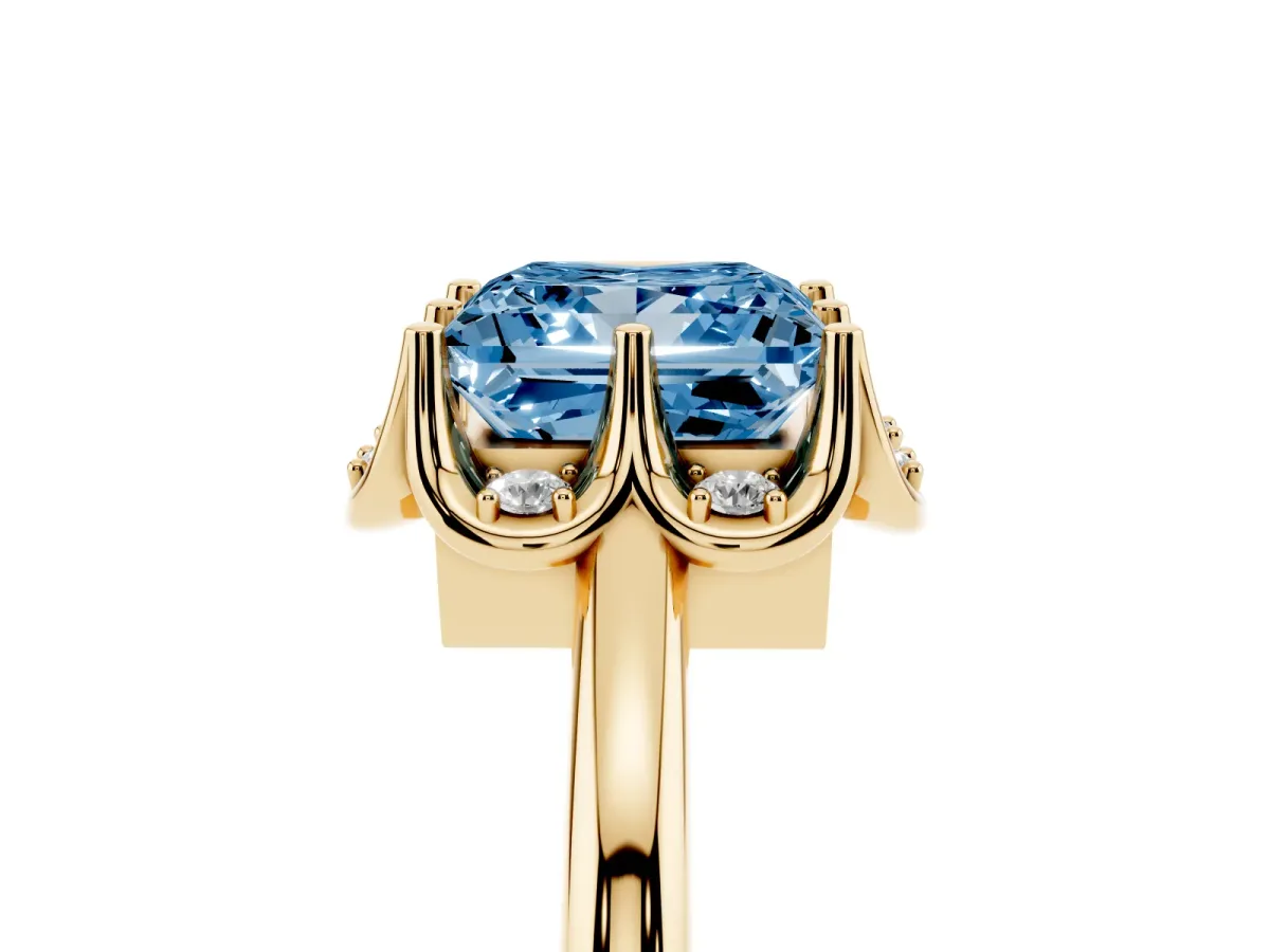 Fancy Blue Princess Cut Halo Diamond Ring with Round Cluster Setting, Solitaire Band, and Four-Prong Setting Yellow gold