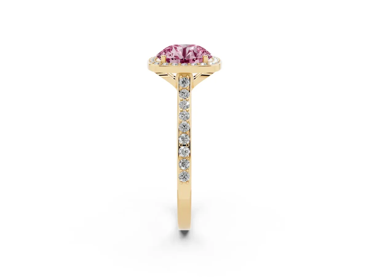 Fancy Pink Round Cut Diamond Halo Engagement Ring with Round Pavé Shoulders and Prong Setting Yellow gold