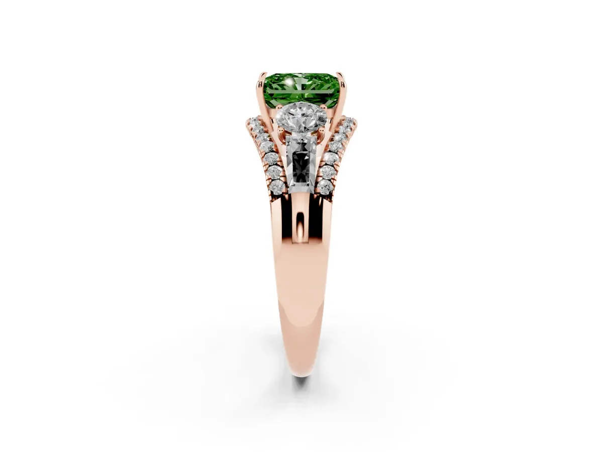 Fancy Green Three-Stone Radiant Cut Diamond Engagement Ring with Pave Band and Prong Setting Rose gold